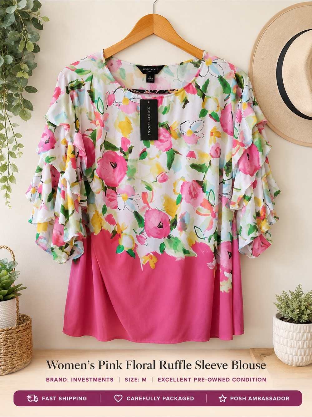 Women's Pink Floral Ruffle Sleeve Blouse